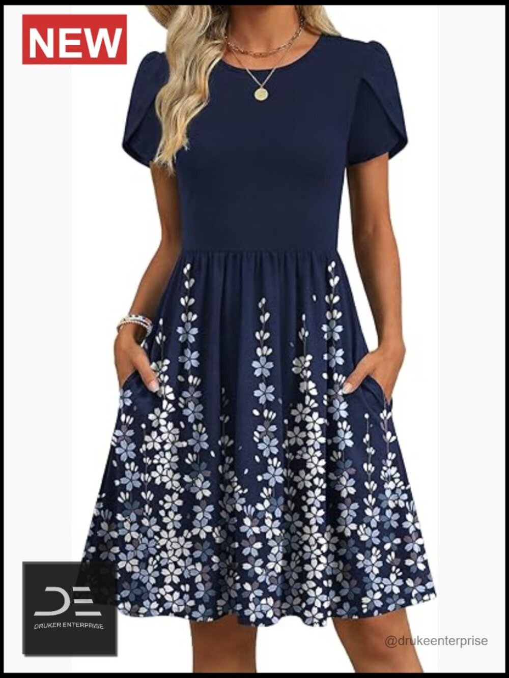Short Sleeve A-Line Mini Dress with Pockets Casual Swing Tshirt Dress Beach